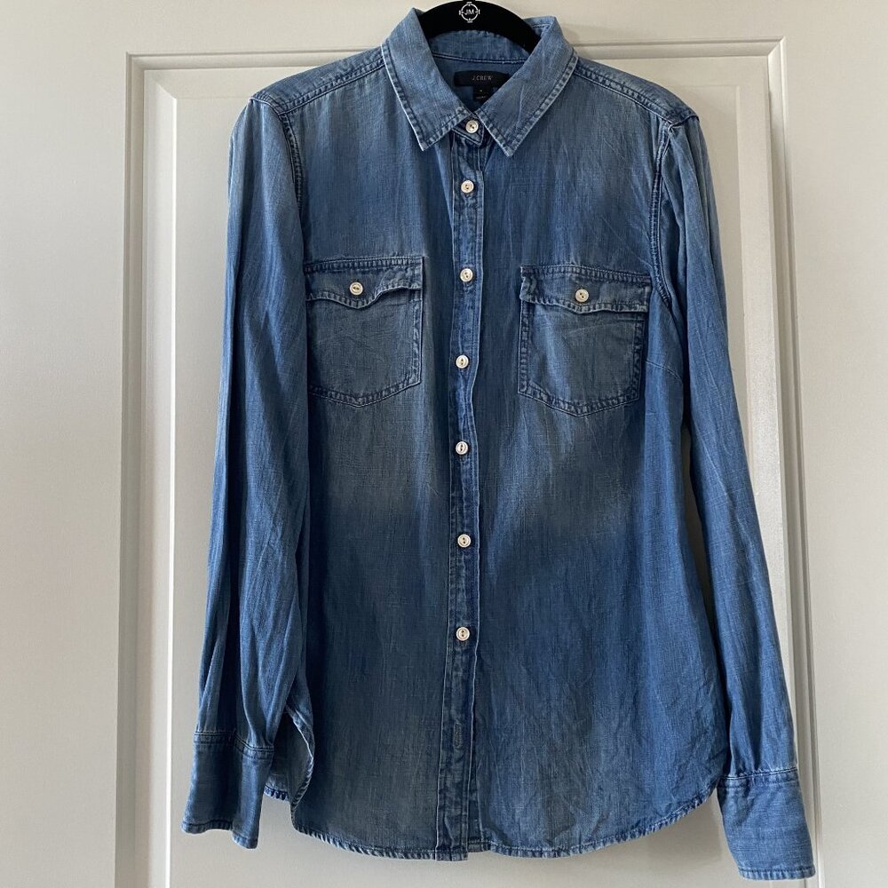 J. Crew Denim Button-Front Shirt Cotton Blend Size 6 EUC